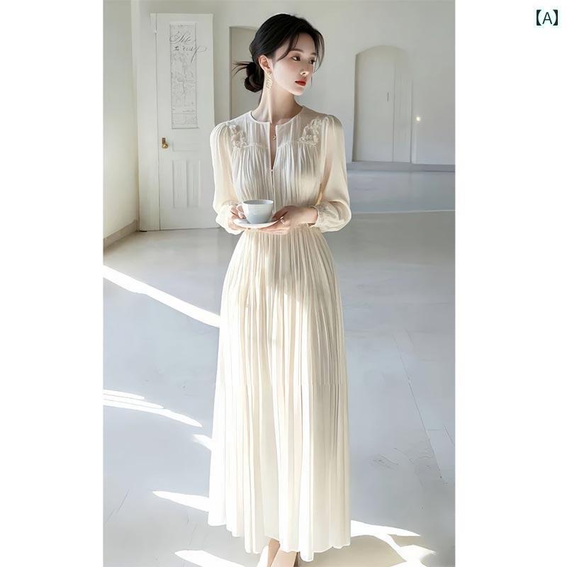 レディース かわいい ホワイト シフォン 海辺の 休日 ドレス 2025 春 春夏 ロング スカート フランス 高級 婦人服