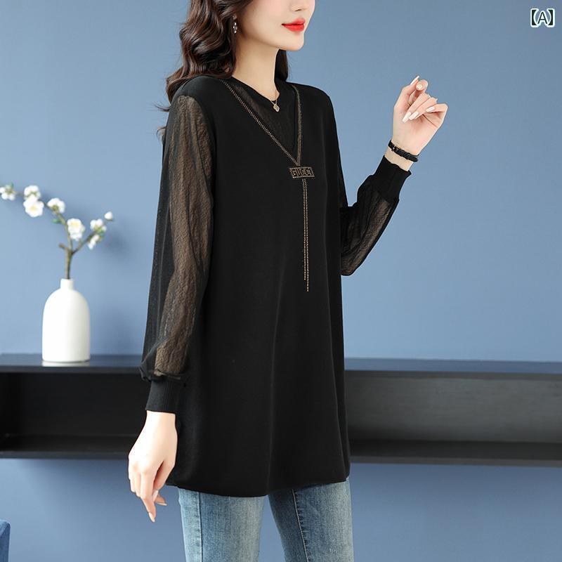 オシャレ ワンピース 中年 母 春 薄氷 シルク 長袖 Tシャツ レディース ゆったり 洋風 ミディアム 丈 レイヤリング シャツ カジュアル