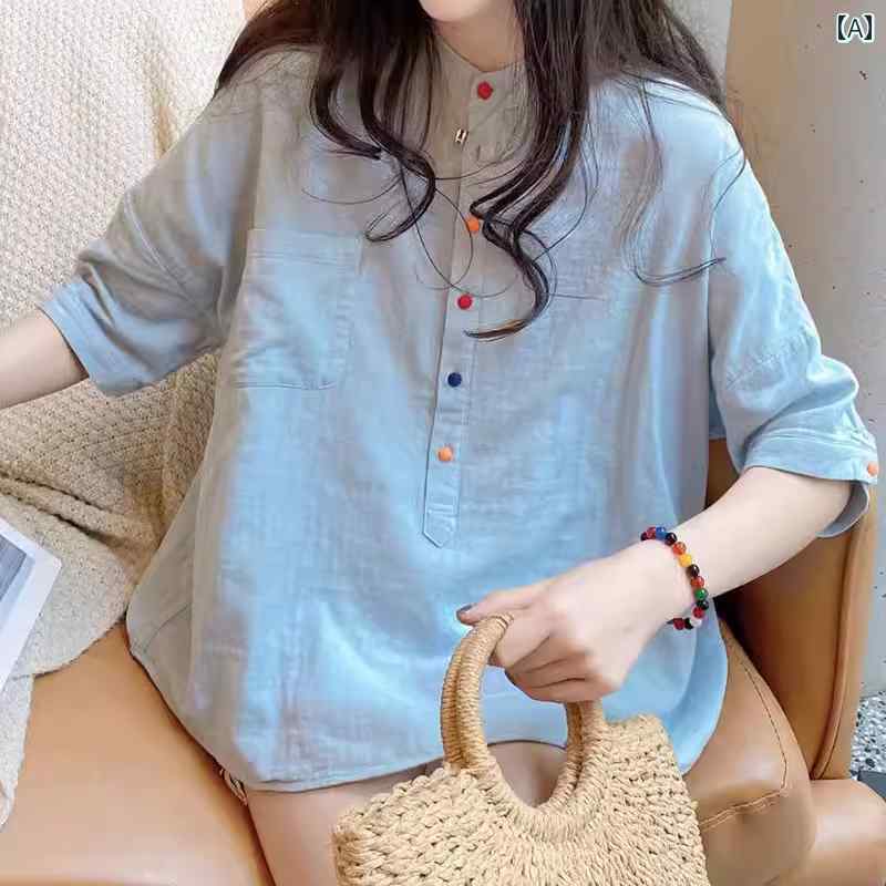 ヨーロッパの コットンと リネンの 半袖 シャツ、 女性用 2025 夏の 新作 ファッション ゆったりと した ラミー リネン ベビー ドール シャツ トップ