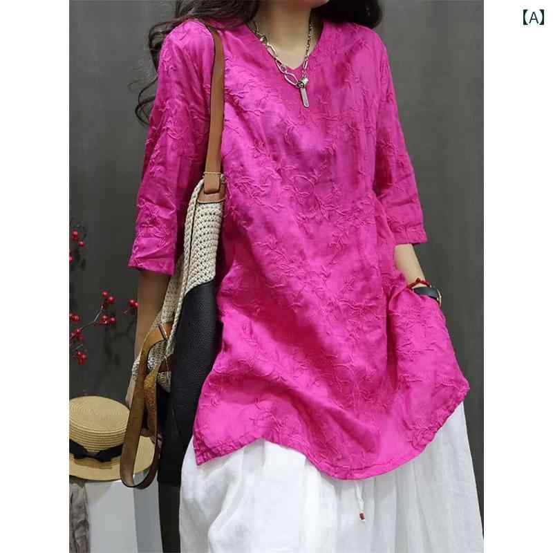 レディース シャツ かわいい くすみ レトロな 刺繍入り V ネック ラミー 半袖 シャツ。 夏用の 薄手 スタイル。 母親向けの 高級 コットンと リネンの ゆったりと した ミドル 丈 トップス。