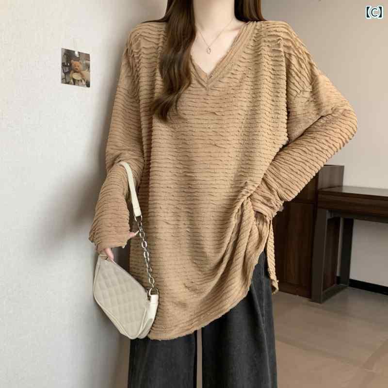 レディース レディース 大きいサイズ レディース ゆったり だらしない スタイル 長袖 Tシャツ シャツ 秋 太め mm スリム ヒップ カバー トップス