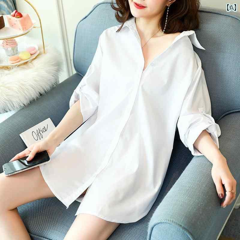 レディース ワンピース 春秋服 2024 ミドル 丈 長袖 綿 白 シャツ 女性 韓国 BF スタイル セクシー 日焼け防止 パジャマ(4)