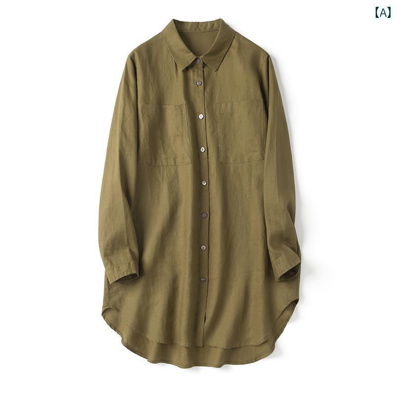 大人 オシャレ 服 春夏 フランスの 白い ゆったり した 大きいサイズ中と 長い 100 リネンシャツ コットンと リネンの 長袖 トップ ジャケット 女性用