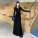 パーティードレス ロングワンピース ミモレ丈 レース シースルー フランスの 黒の ポロ ニット ワンピース 女性用 2025年 早春型 インナーウェア ボトムス フィッシュ テール ロング スカート