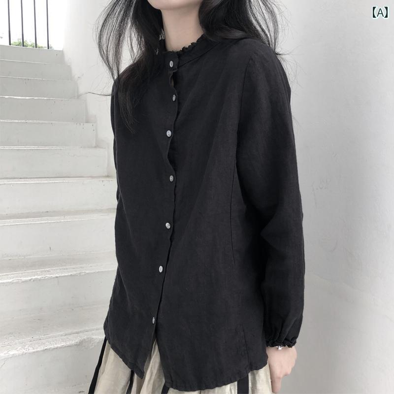 レディース シャツ かわいい くすみ Luと Lantau オリジナル ダーク オリジナル ニッチ デザイン リネンシャツ 菌 襟 レディース ルーズ 長袖 シャツ