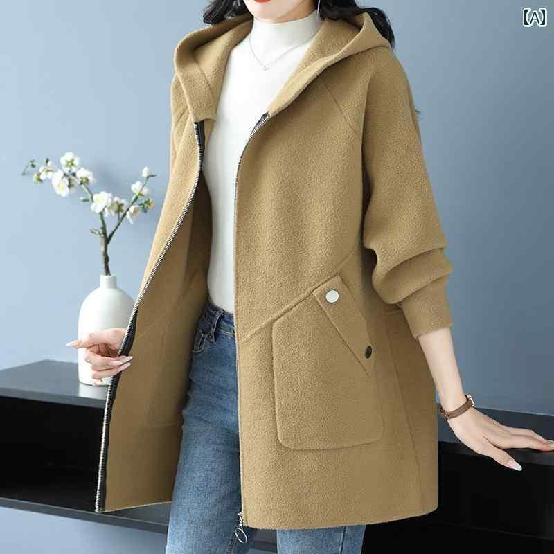 レディース トップス 大きめ サイズ レディース ミドル 丈 ウール コート フード付き 2024新 年齢 削減 母親の 服 秋冬 若見え