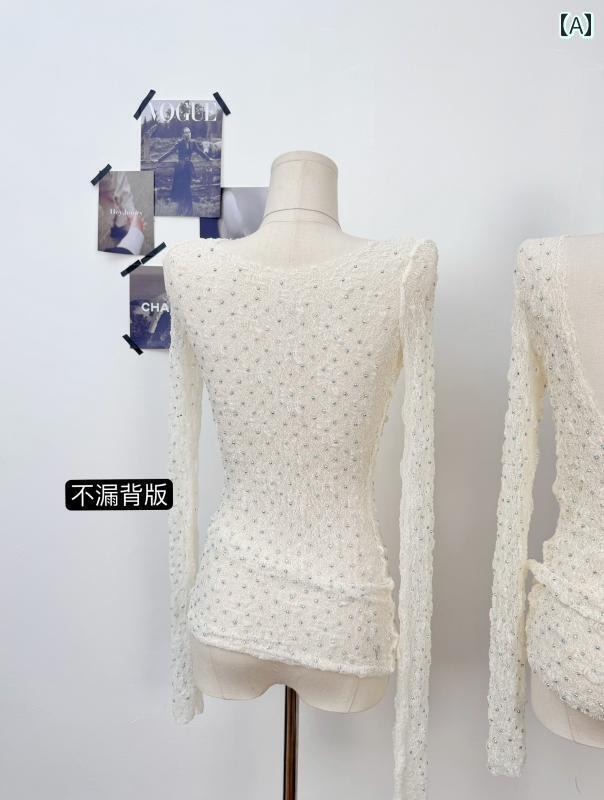 レディース トップス インナー 春夏 スリム ラインストーン レース バックレス 長袖 レイヤリング シャツ ブラウス トップス 女性 1058003251