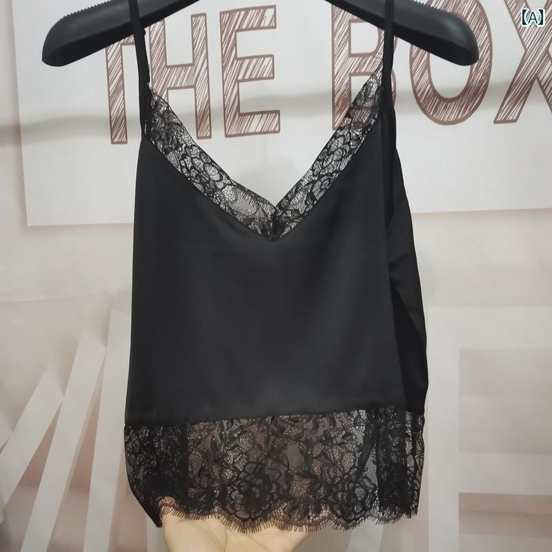 レディース トップス 夏用 レディース シルクキャミソール Vネック セクシー まつ毛 レース 美しい バ..