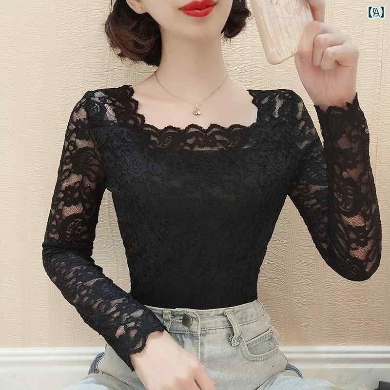 長袖 裏起毛 フック フラワー メッシュ Tシャツ タイトな トップ スクエアネック ホワイト レース レイ..