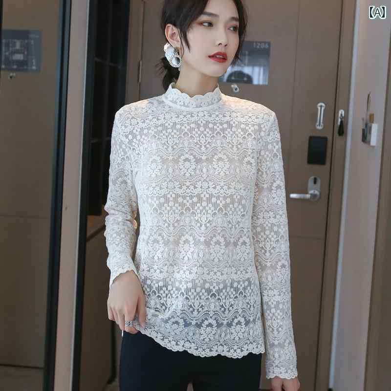レディース トップス 西洋風 綿 トップス 長袖 ブラウス レディース メッシュ ベージュベース レース ベース 2025
