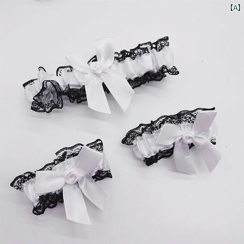 ガーターベルト 普段使い シンプル ホワイト レース ブラック リボン 太もも リング + ブレスレット 2個 3点 セット コス コミック 展示 会 パフォー...