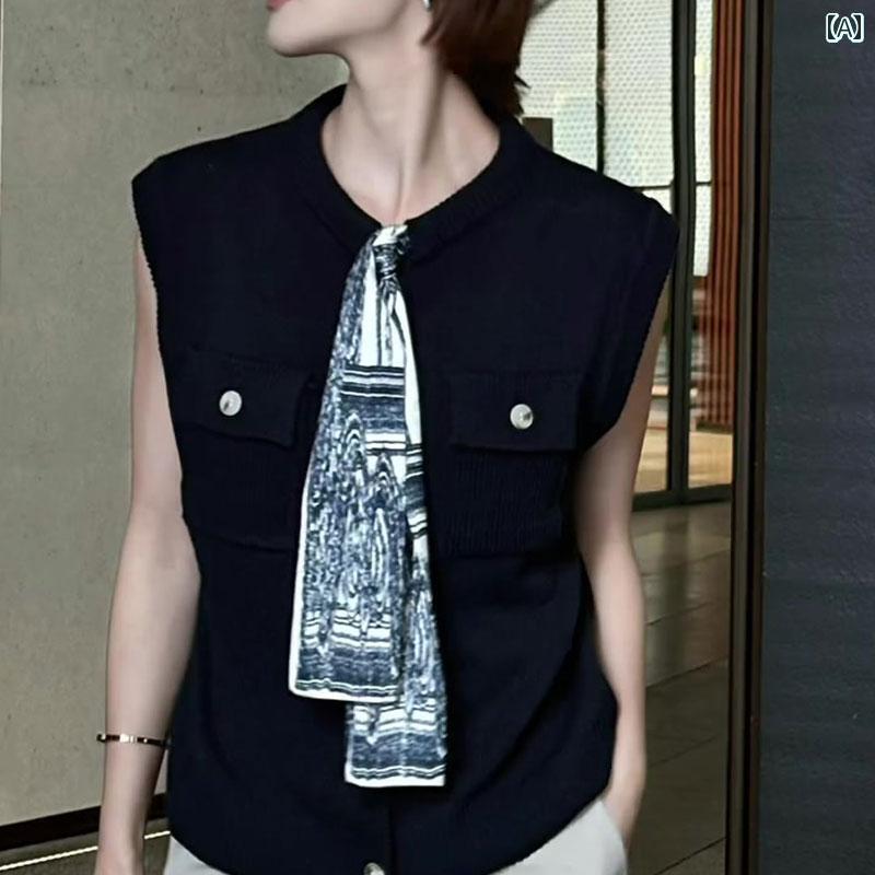 レディース トップス かわいい ネイビーブルーの ラウンドネック ベスト 女性用 夏 2025 ダブル ポケット ゆったり 肌 見せ ノースリーブベスト 美 白 トップス