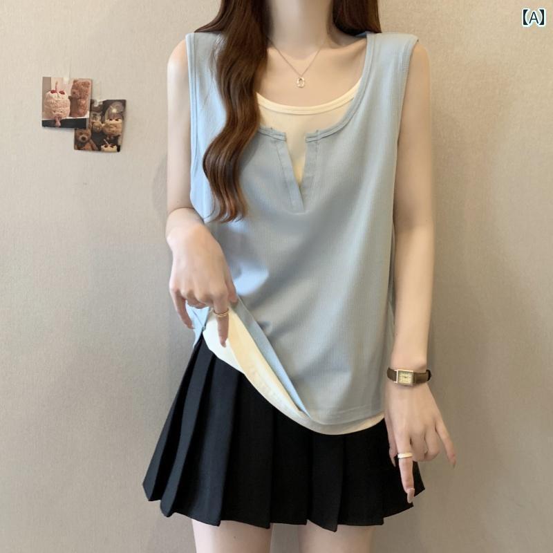 レディース トップス かわいい 大きいサイズレディース 服 韓国 フェイク ツーピース ノースリーブベスト Tシャツ 女性 太め mm ゆったり スリムトップス 夏