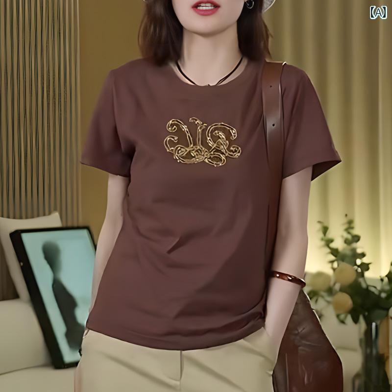 レディース トップス かわいい ストレート ショルダー 綿 薄手 ラウンドネックトップス 2025 夏 半袖 Tシャツ 女性 刺繍 カジュアル