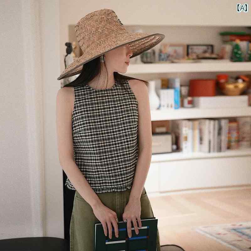 レディース トップス かわいい 広 州 市三 航の 高級 商品 チェック 柄の 丸 首 ノースリーブベスト 女性用 夏 ウエスト トップ