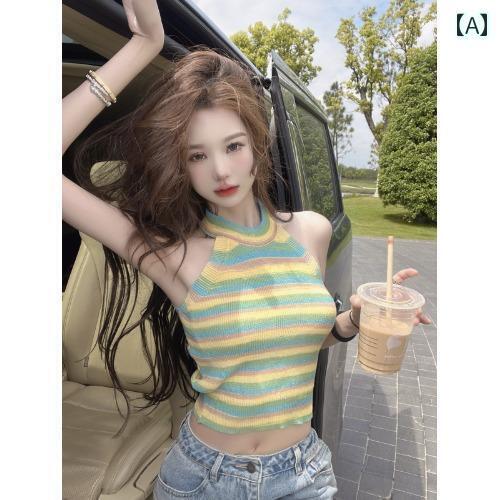 レディース トップス かわいい な ホット ガール シック トップ ストライプ ホルターネック ニットキャ..