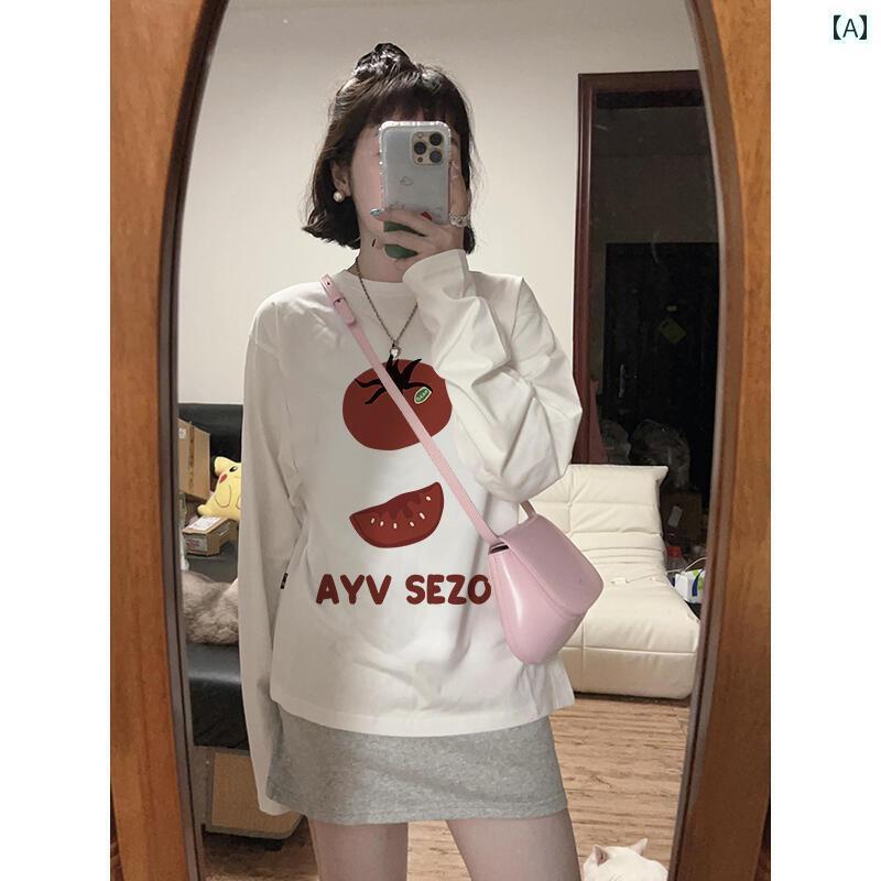 レディース トップス かわいい カウンター ビッグ カット ラベル トマト ホワイト ラウンドネック Tシ..