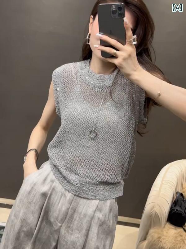 レディース トップス かわいい グレーの ノースリーブ ラウンドネック 冷感 ニット セーター 女性用 夏 2025 カジュアル スタイル ベスト トップ