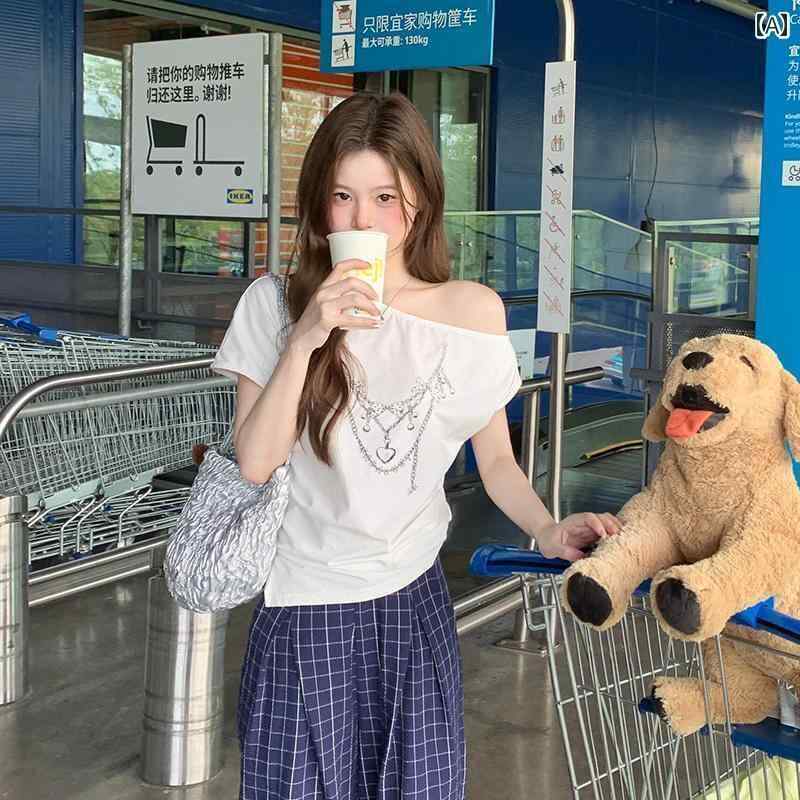 レディース トップス かわいい YLJZZ アメリカン ホット ガール ワンショルダー 斜め ショルダー 半袖 ..