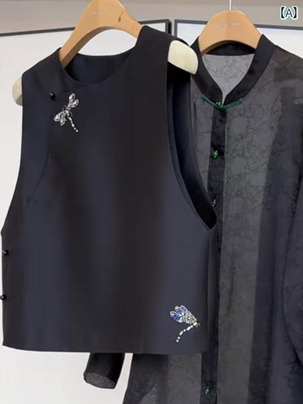 レディース トップス かわいい チャイナ風 丸 首の 黒い ベスト カジュアルインナー ノースリーブ トップ レディース 春 ハイエンド