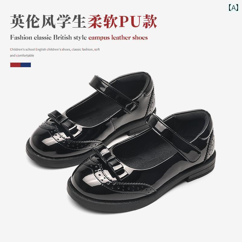 キッズ 子供 靴 女の子 革靴 2025 春秋 シングル シューズ 小さい 黒の 学生の 王女の 英国 風の 柔らかい 底の 大きい 子供 靴