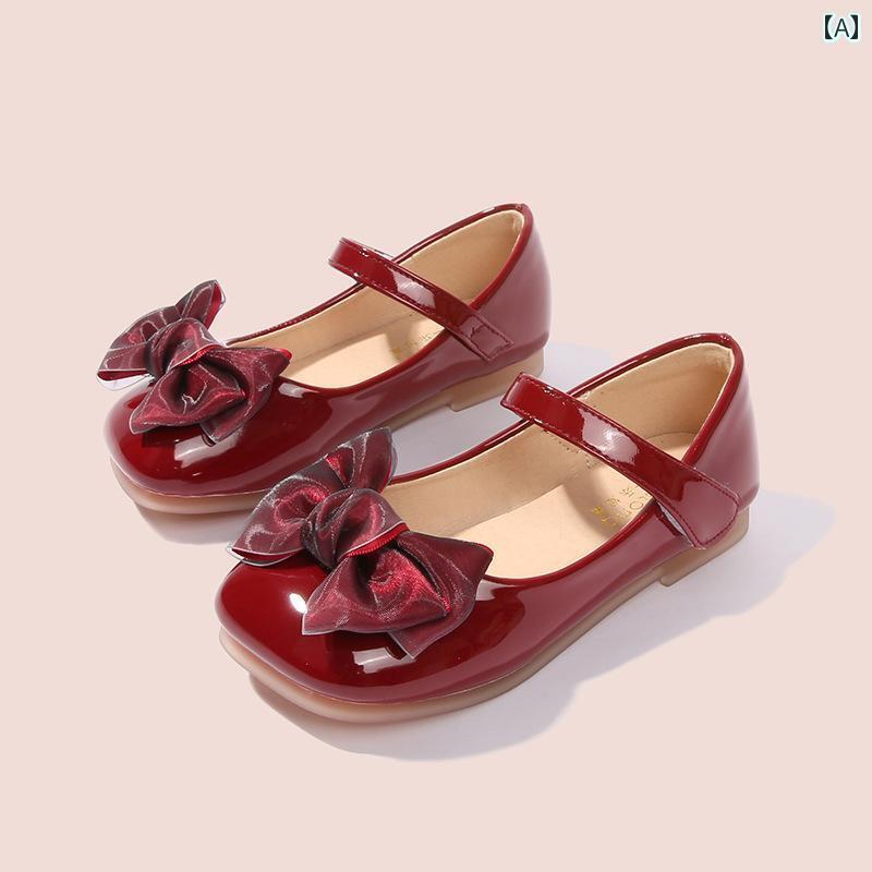 キッズ 子供 靴 女の子 プリンセス シューズ 2025 子供用 スカート ソフト ボトム レッド レザーシューズ 小さい 韓国 ボウ