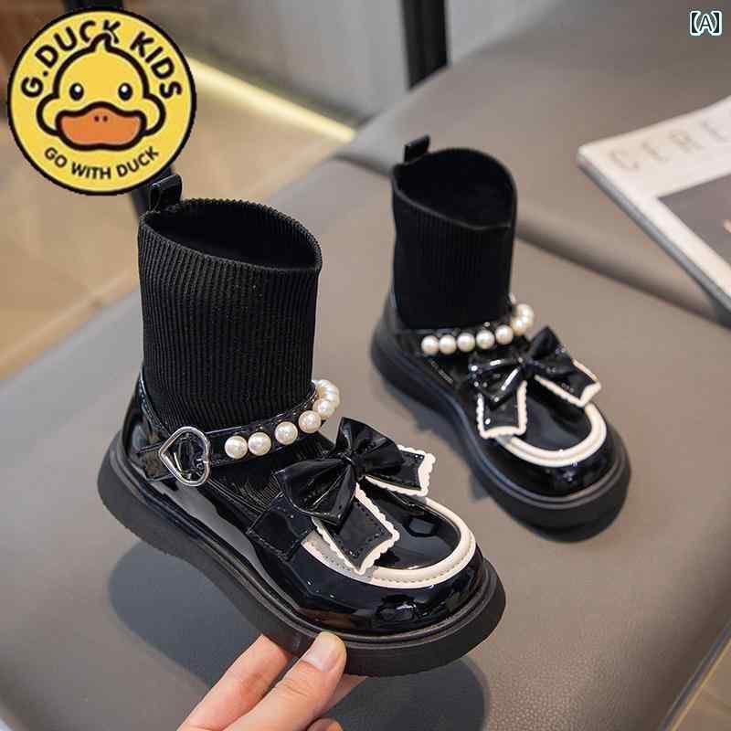 キッズ 子供 靴 リトル イエロー ダック ガールズ シューズ スモール レザーシューズ 2025 秋 子供用 ショート ブーツ プリンセス 秋冬 ブラック