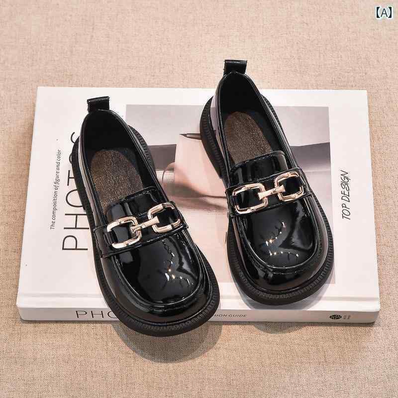 キッズ 子供 靴 女の子 英国 風 レザーシューズ 春秋 2025 黒 スタイリッシュな 小さい ローファー ソフト ソール 子供用 つま先 靴