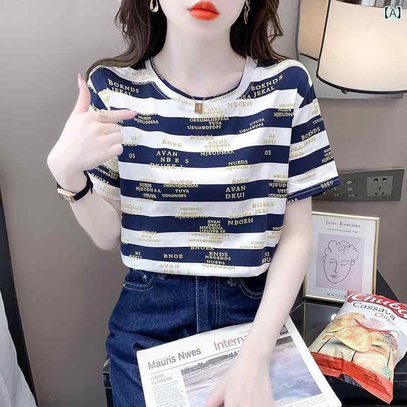 レディース トップス 綿 ストライプ 半袖 Tシャツ 女性 2025 夏 ゆったり BF スタイル レター トップス..