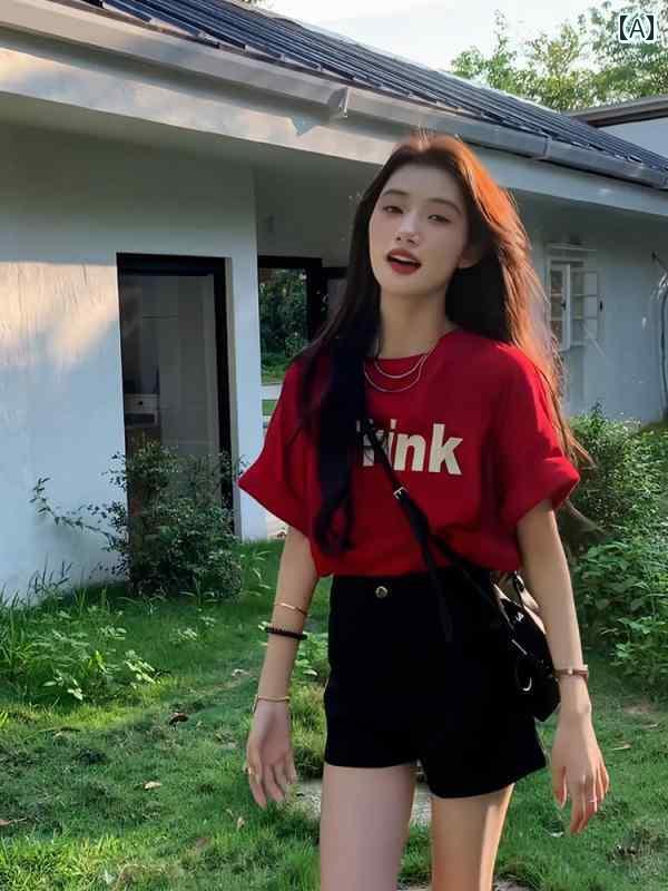 レディース トップス アメリカ ラウンドネック レター プリント 半袖 Tシャツ 夏 レディース 2025 ゆっ..