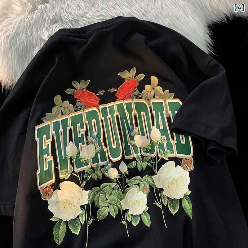 レディース トップス 地球からの 脱出 アメリカン レトロ ローズプリント ラウンドネック 半袖 Tシャツ..