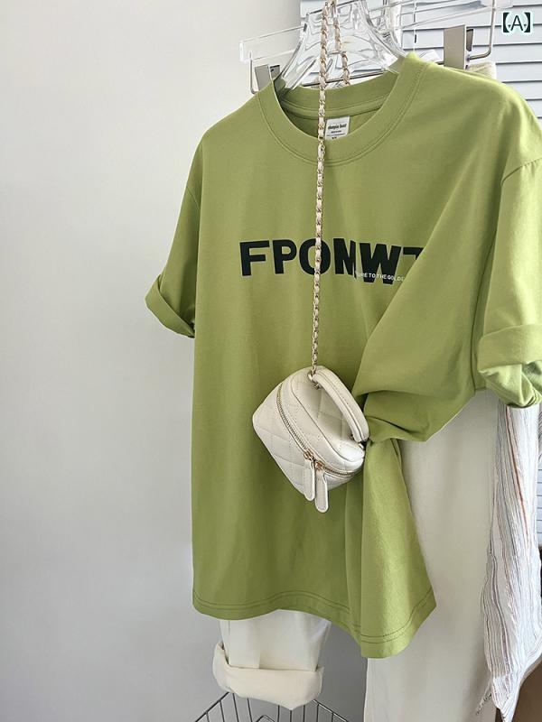 レディース トップス マスタード グリーンの ゆったり ラウンドネック 半袖 Tシャツ 女性用 2025夏 小..