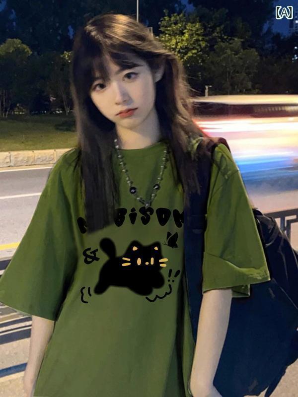 レディース トップス 綿の 厚手 アーミーグリーンの 半袖 Tシャツ。 夏用。 風の シック ゆったり 小さ..