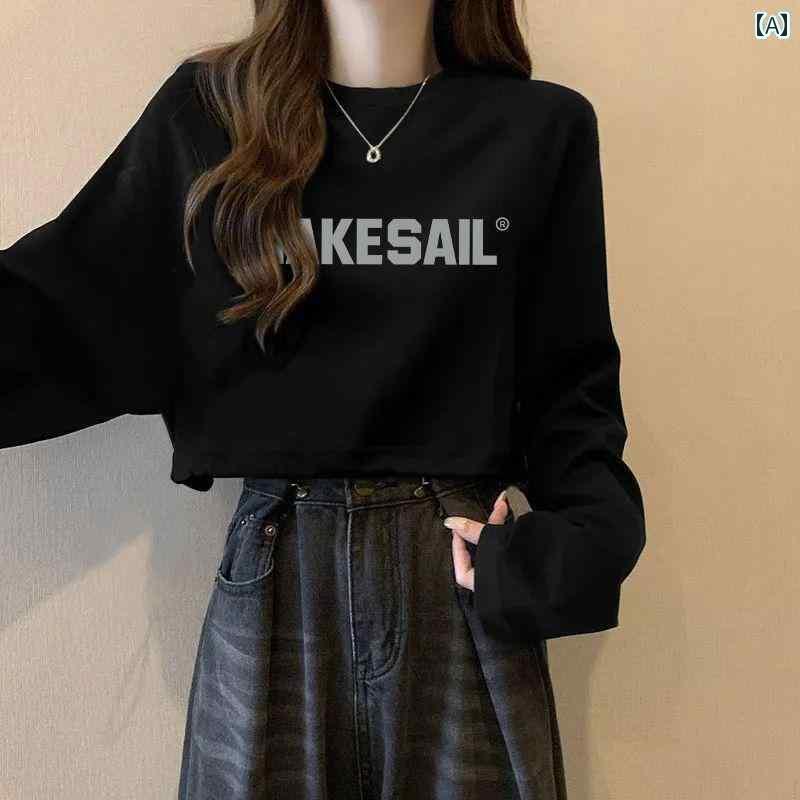 レディース トップス ゆったり 長袖 Tシャツ 秋 女性用 薄手の 丸 首 な ホット ガール ショート トップ