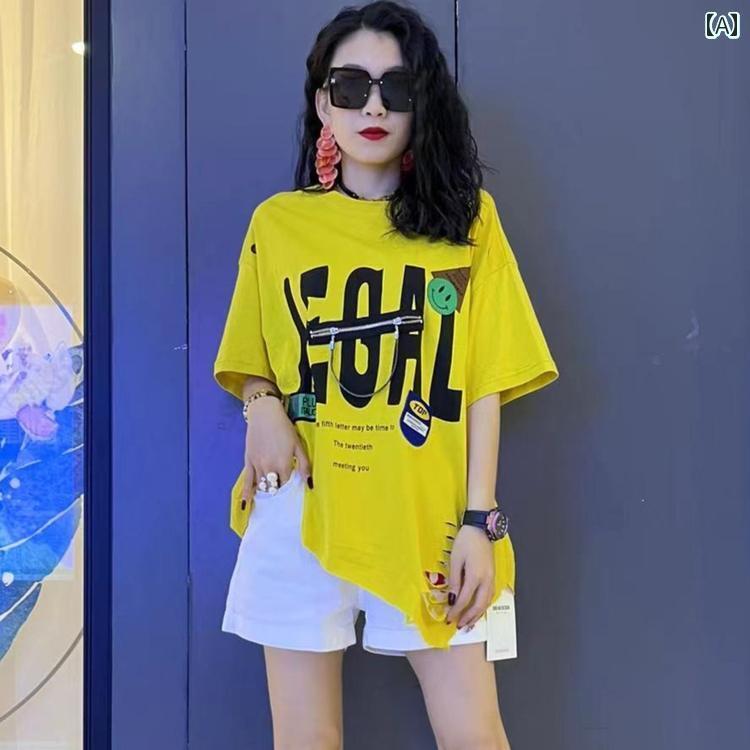 レディース トップス の ファッション 2025 夏の レター プリント 不規則 Tシャツ カジュアル 半袖 ト..