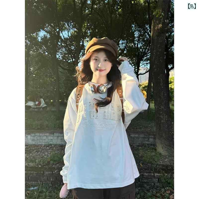 レディース トップス アメリカン レトロ 刺繍入り ホワイト 長袖 Tシャツ セーター レディース 春秋 20..