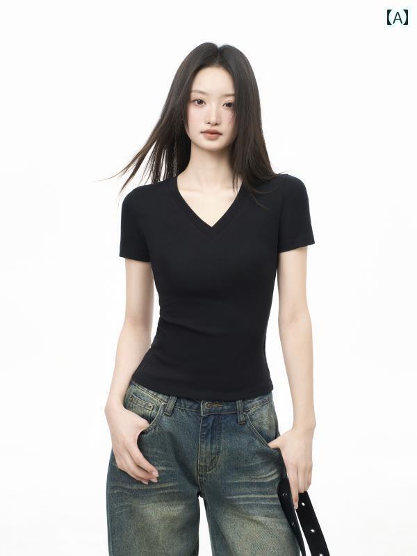 レディース トップス iiiamX 夏用 レディース 黒 Vネック 半袖 Tシャツ スリムフィット ストレート シ..