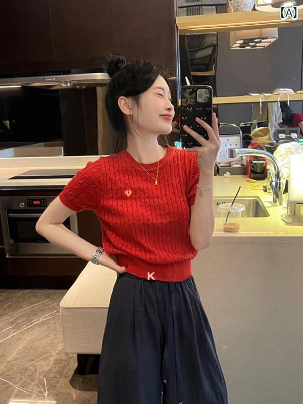 レディース トップス 赤い 刺繍の ツイスト ニット 半袖 レディース 夏 ショルダー ラウンドネック Tシ..
