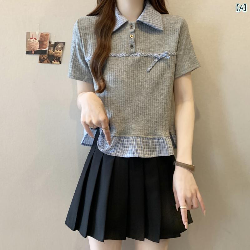 レディース トップス 韓国 ポロ カラー チェック 柄 半袖 シャツ レディース 夏 大きいサイズ 太め mm ..