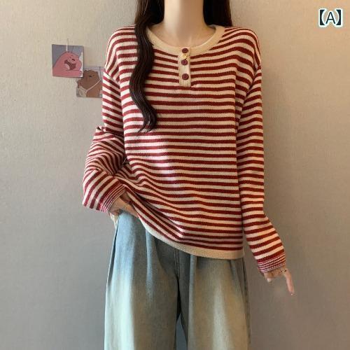 レディース トップス 春の レディース アンコラ 赤 ストライプセーター 太めの mm サイズ スリミング ..