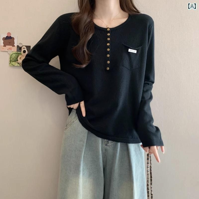 レディース トップス 大きいサイズ お腹を カバー ポケット 付き 長袖 ニット シャツ レディース 秋冬 ..