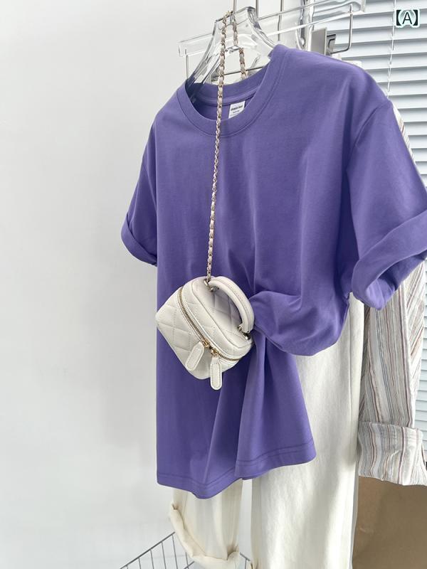 レディース トップス グレープ パープル 2025 ストレート ショルダー Tシャツ レディース 半袖 夏 ゆっ..