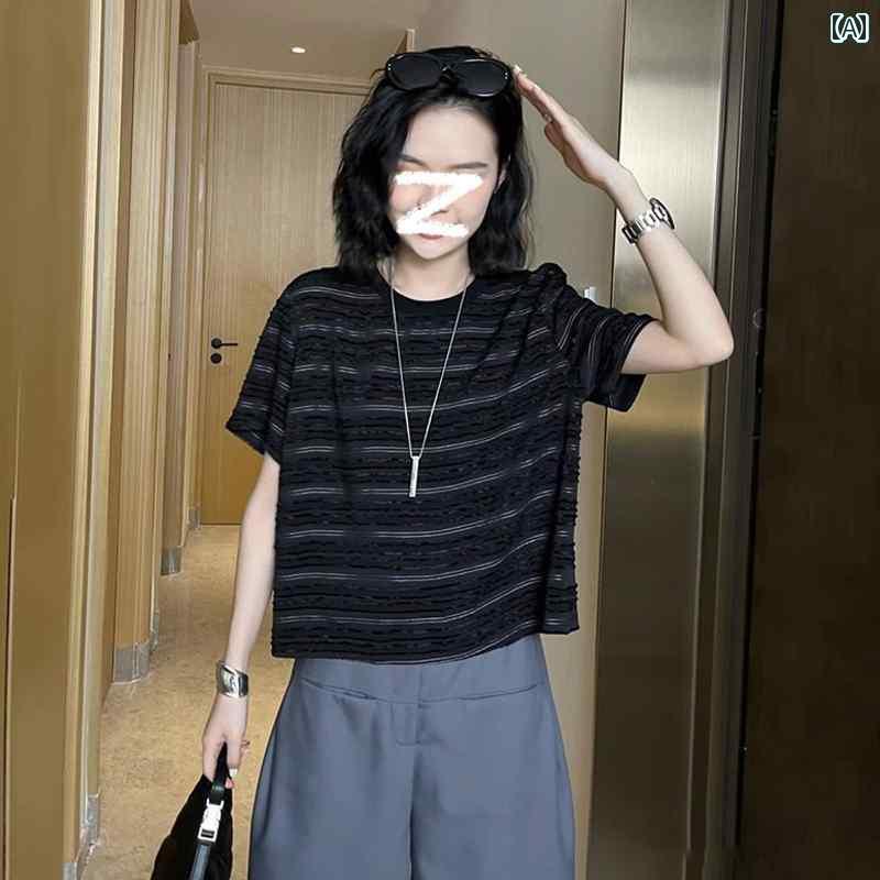 レディース トップス ラウンドネックの ストレート ショルダー 半袖 ストライプ カラーマッチング ゆっ..