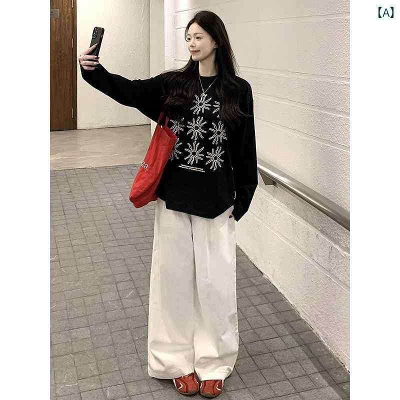 レディース トップス アメリカン レトロ パターン 長袖 Tシャツ レディース 春秋 ゆったり オーバー サ..