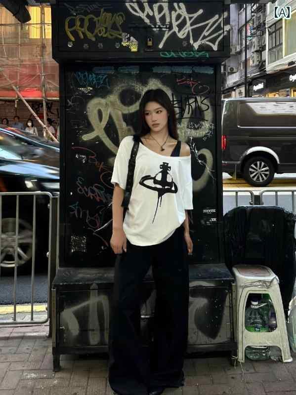 レディース トップス アメリカン レトロ ホワイト サターン プリント ラージ ラウンドネック 半袖 Tシ..