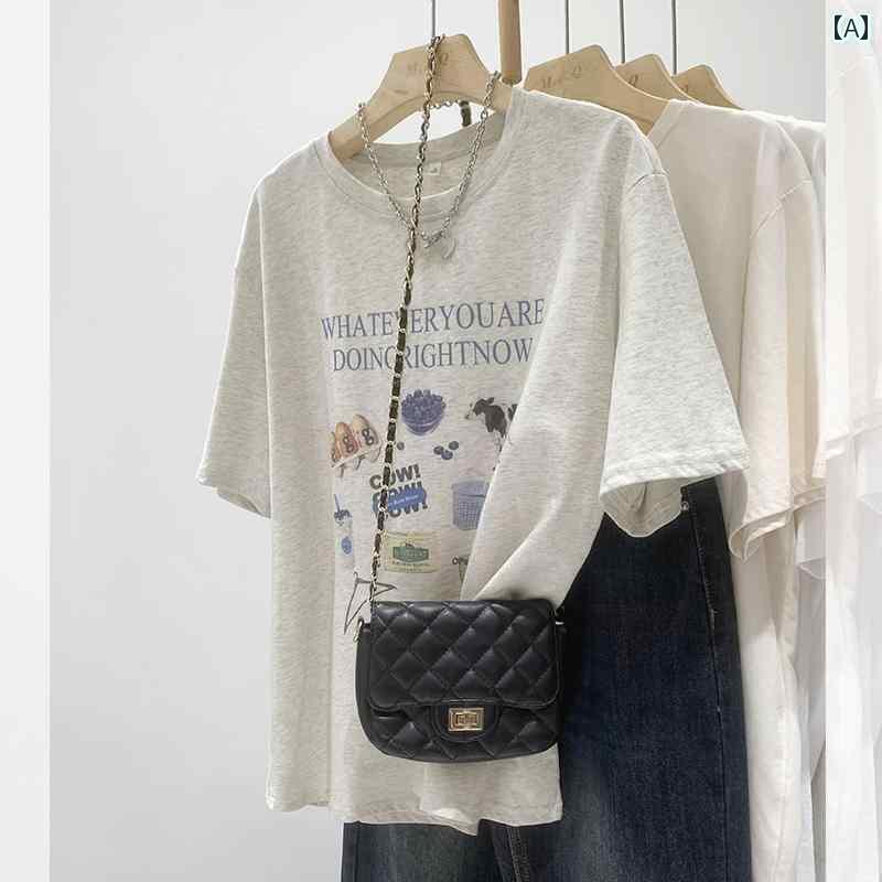 レディース トップス グレー ラウンドネック t シャツ 韓国 スタイル プリント 半袖 2024 夏の 大きい..
