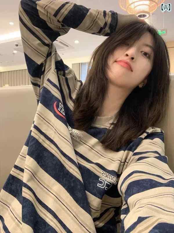 レディース トップス 秋 レディース レトロ ストライプの の 長袖 スウェットシャツ 薄くて ゆったり ..