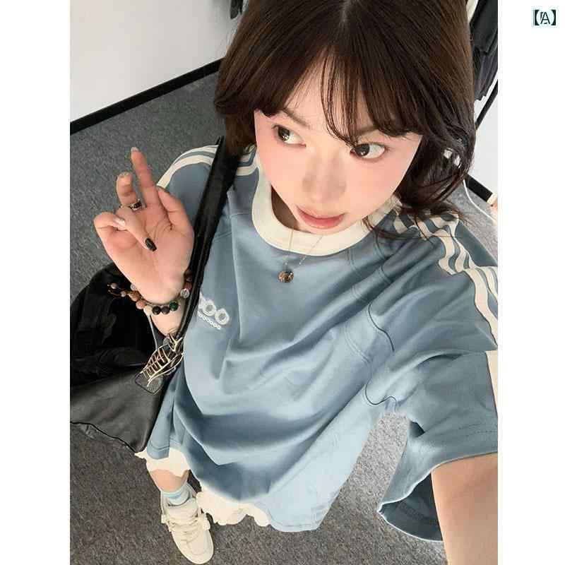 レディース トップス 夏の 女性用 アメリカン レトロ 3 バー ブルー 半袖 Tシャツ ゆったり カジュアル..