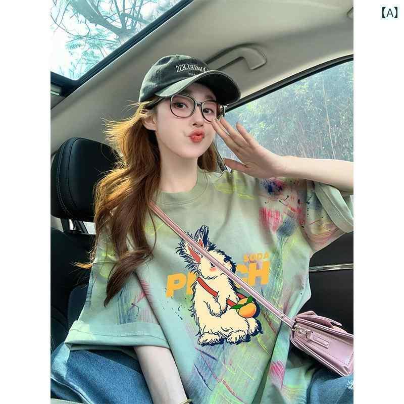 レディース トップス レトロ グラフィティ 綿 半袖 Tシャツ 女性 2025 夏 大きいサイズ 婦人服 アメリ..