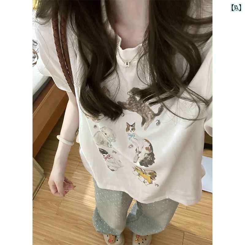 レディース トップス ホワイトの ラインストーン プリント 半袖 Tシャツ 夏用 甘くて クールな スタイ..